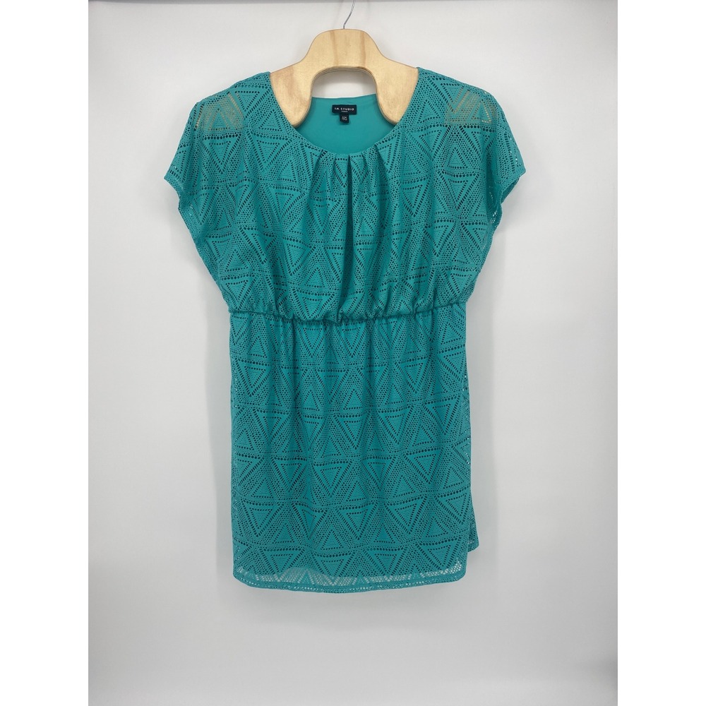 I.N. Studio Dress 22W Teal Geometric Crochet Empire Waist Excellent
